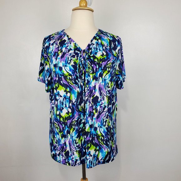 Liz & Me Colorful Fun Short Sleeve Pullover Stretchy Top Size 1X (18/20W) - Picture 1 of 12